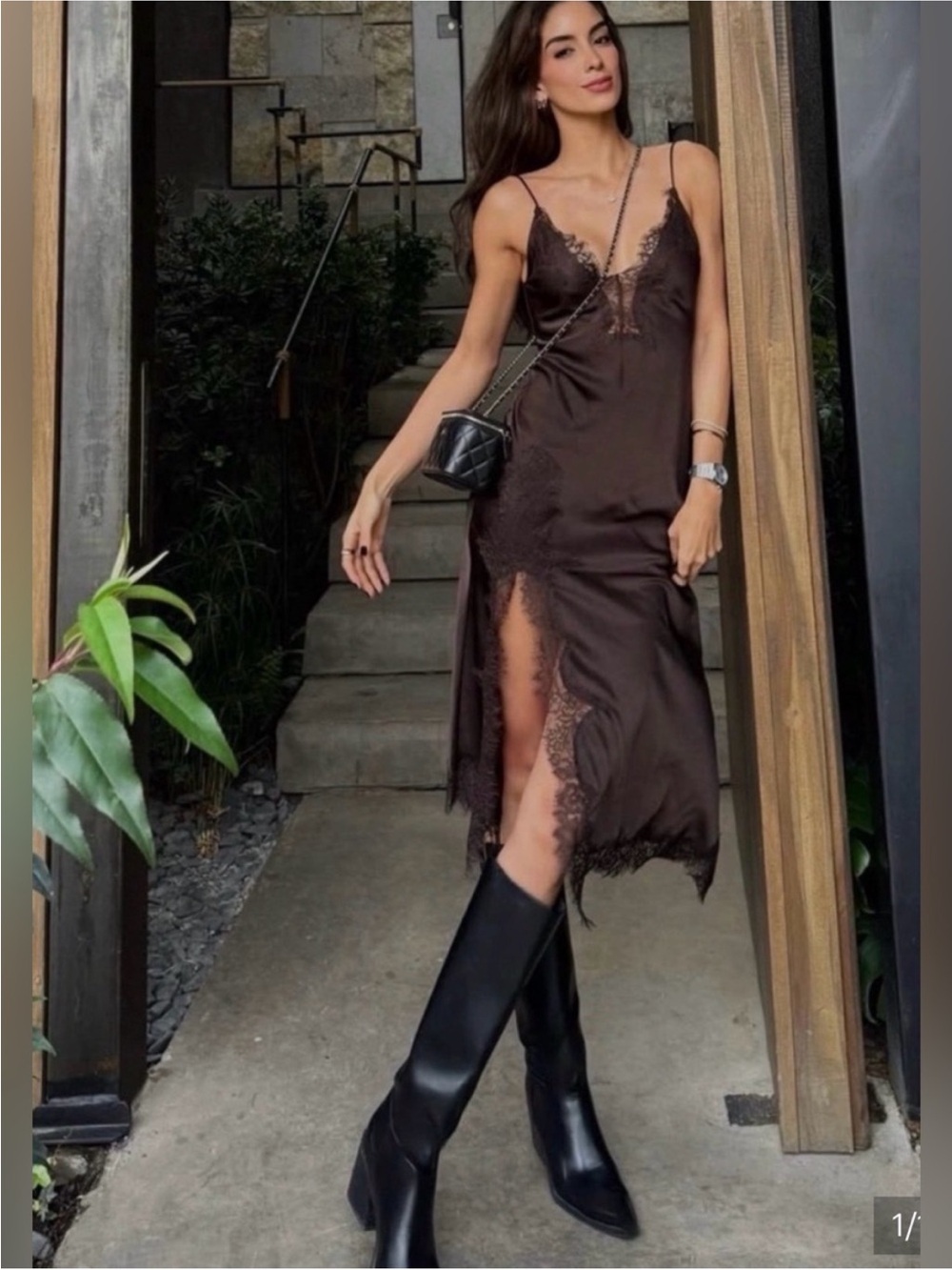 Zara Chocolate Brown Lace-Trim Slip Midi Dress